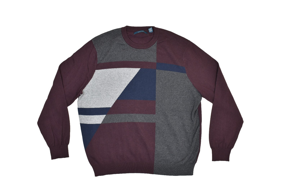 Perry Ellis Mens Sweater Geometric Size XXL Knit Burgundy Grey Geometric